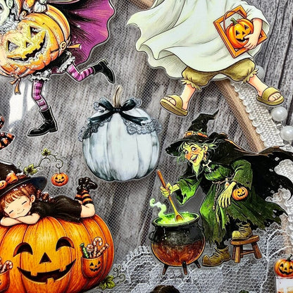 A Halloween-themed collage of illustrated and photographed decorative elements, including jack-o'-lanterns, a witch in a green robe by a cauldron, a white pumpkin with a black bow, lace trim, and a ghostly child in a white dress.
