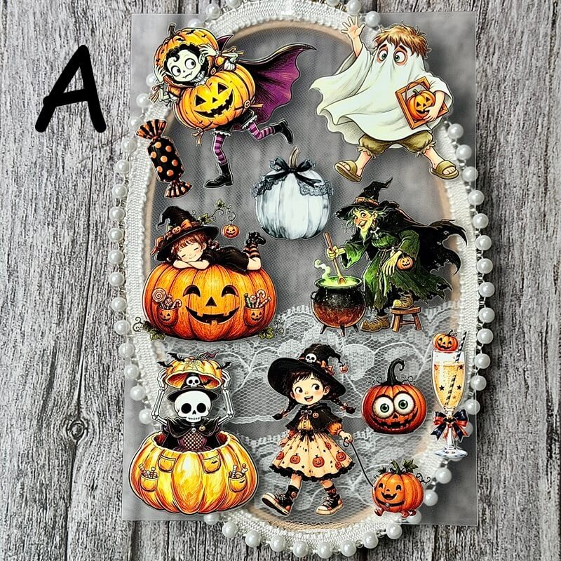 A sheet of Halloween-themed nail art stickers arranged on an oval decorative frame, featuring cartoon pumpkins, ghosts, witches, a skull in a pumpkin, and candy, shown against a gray wood-textured background with a black letter A in the top left.