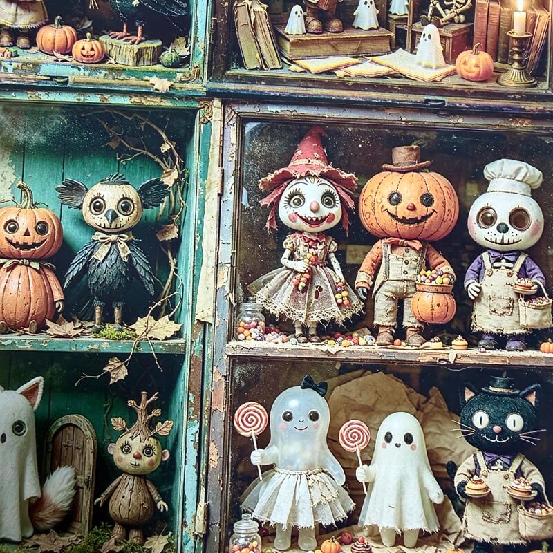 A cozy Halloween display featuring whimsical doll-like characters, pumpkins, ghosts, a owl, a small deer, and a black cat styled on rustic shelves with books, lanterns, and autumn decor.