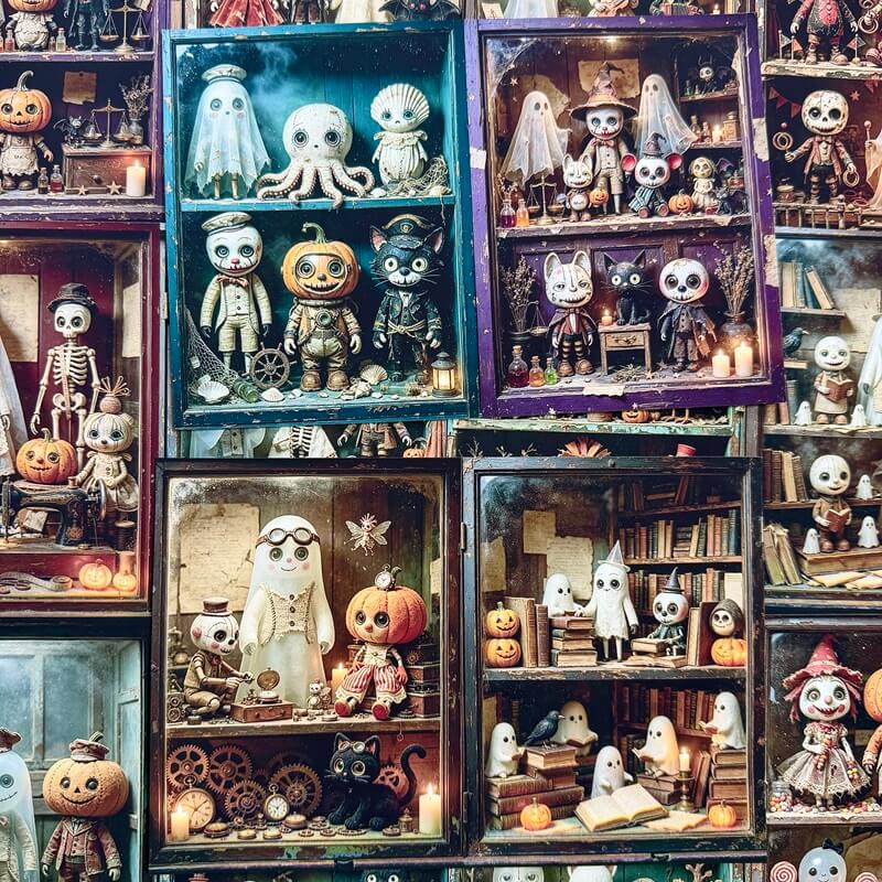 A collage of Halloween-themed miniature display boxes filled with small figurines, including skeletons, ghosts, pumpkins, cats, and fantasy characters, arranged closely together.