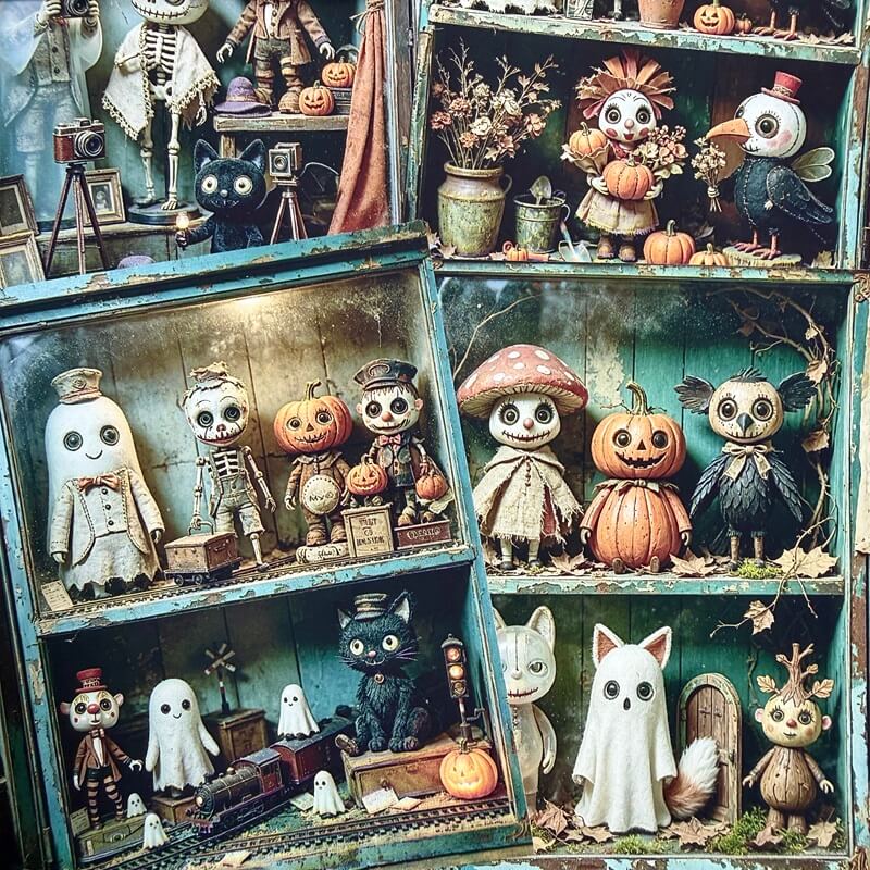 A dense, whimsical Halloween display of miniature figurines, pumpkins, ghosts, and animals arranged inside rustic teal wooden display cases. The collection includes skeleton children, a jack-o'-lantern, a black cat, white ghosts, a white fox, a mushroom character, and a bird, all styled with vintage props.