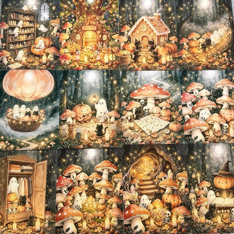 A collage of nine whimsical Halloween-themed illustrations featuring cute cartoon mushrooms, ghosts, pumpkins, a hot air balloon basket, a glowing treehouse, a haunted house, and a wardrobe full of spooky decorations.