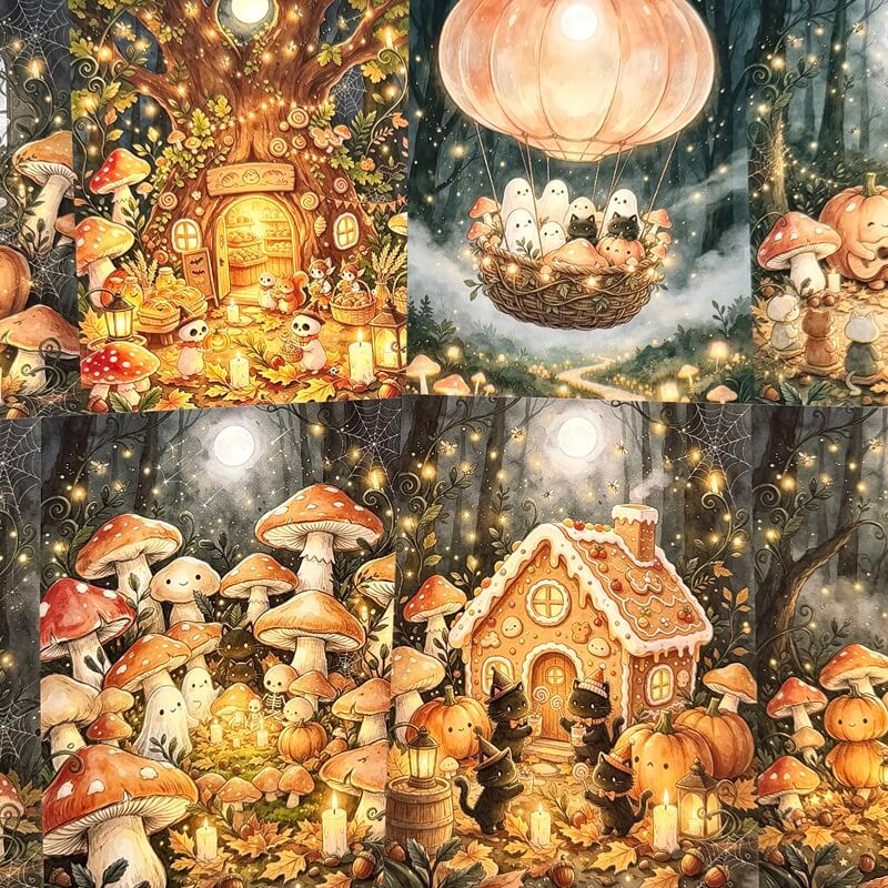 A collage of four whimsical fantasy illustrations featuring mushroom forests, glowing mushrooms, a hot air balloon with cartoon ghosts, and a gingerbread house surrounded by pumpkins and cats in a magical woodland scene.