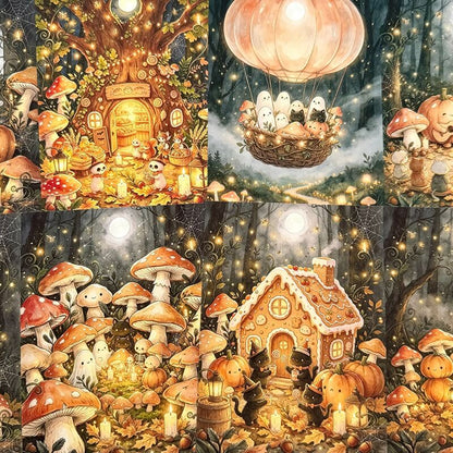 A collage of four whimsical fantasy illustrations featuring mushroom forests, glowing mushrooms, a hot air balloon with cartoon ghosts, and a gingerbread house surrounded by pumpkins and cats in a magical woodland scene.