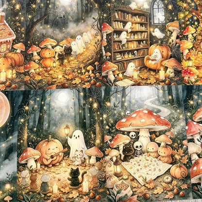 A whimsical illustrated woodland scene with pumpkins, mushrooms, ghosts, a black cat, a bookshelf, and glowing lanterns arranged in a cozy autumn forest setting.