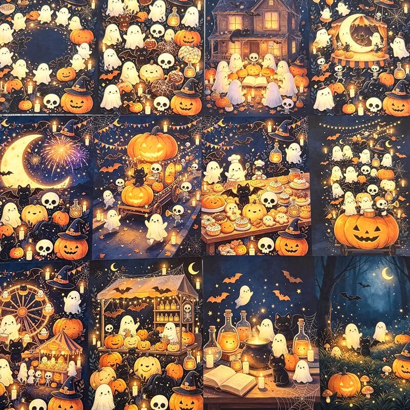 A 3x3 grid collage of cozy Halloween illustrations, featuring cute cartoon ghosts, glowing jack-o'-lanterns, bats, a haunted house, a carousel, a potion shop, and warm pumpkins under a dark blue night sky.