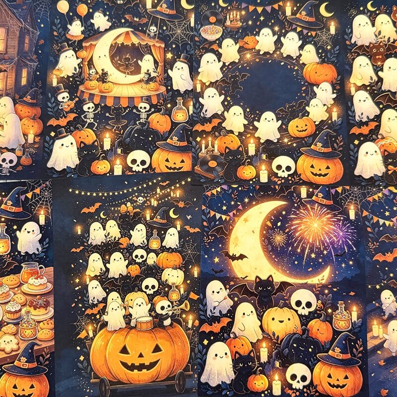 A collage of Halloween-themed fabric panels featuring pumpkins, ghosts, skulls, bats, candles, and a crescent moon in a dark blue night sky.