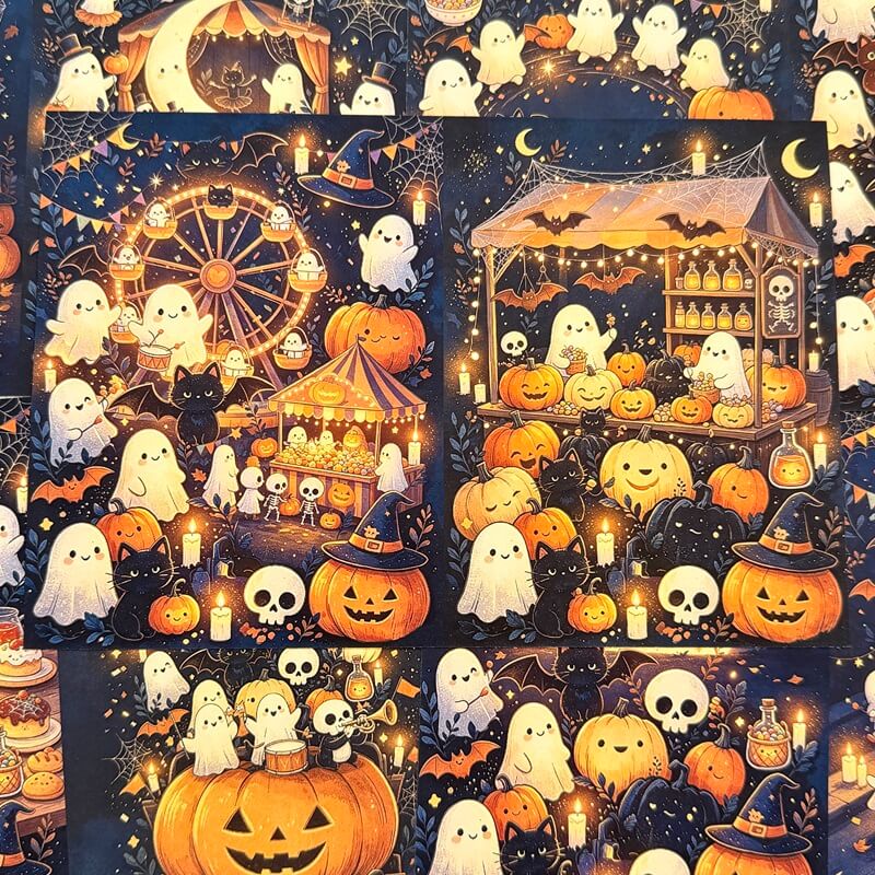A repeating Halloween-themed pattern featuring cartoon ghosts, pumpkins, skulls, bats, candles, a Ferris wheel, and a witch hut on a dark navy background.