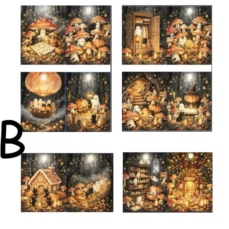 A collage of six fantasy woodland art panels featuring mushrooms, ghosts, a glowing hot air balloon, a small house, and a glowing tree, shown on a white background with a large black letter B at left.