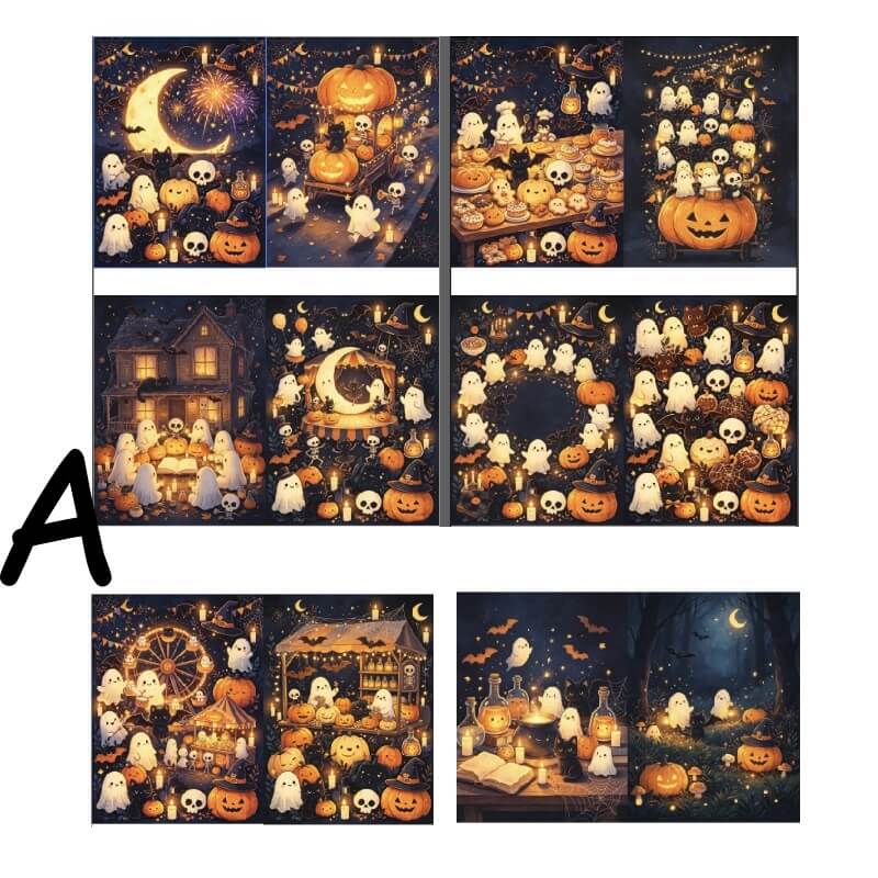 A collage of multiple Halloween-themed photography backdrops featuring cartoon ghosts, pumpkins, skulls, a haunted house, stars, and candles in dark autumn colors. A large black letter 'A' appears on the left side.