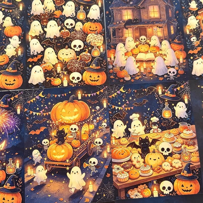 A collage of four Halloween-themed art prints or panels featuring cartoon ghosts, pumpkins, skulls, bats, a haunted house, candles, and a spooky table setting in dark blue and orange tones.