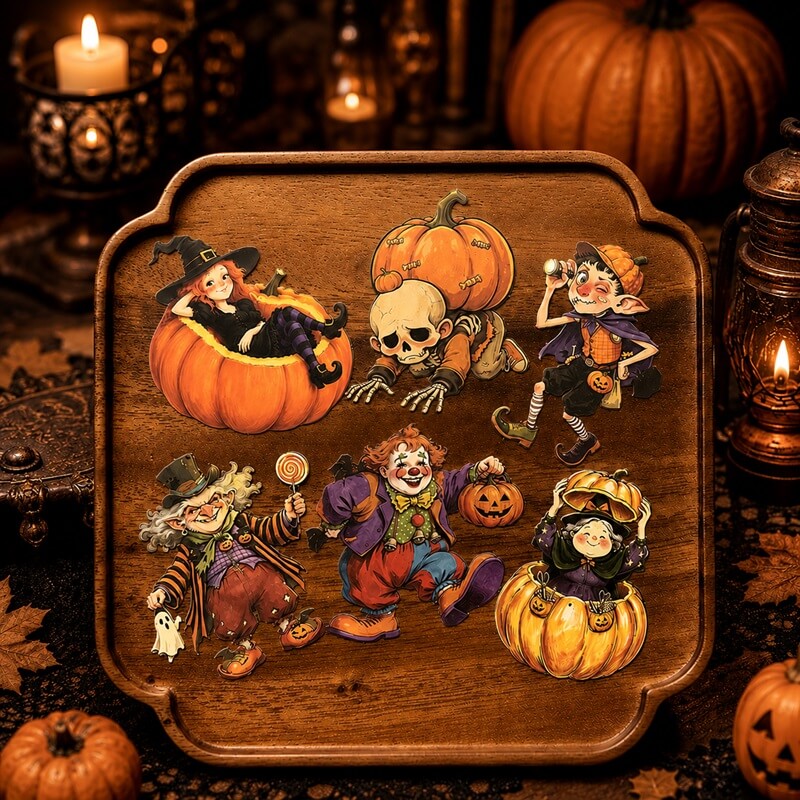 A decorative wooden Halloween plaque featuring whimsical illustrated characters, pumpkins, and skeletons, displayed on a dark table surrounded by candles and pumpkins.