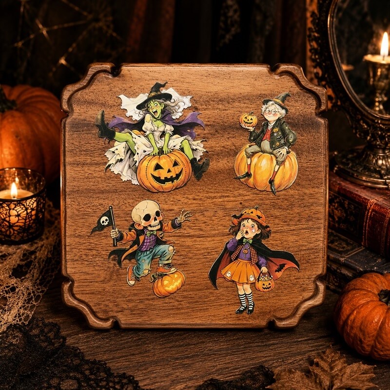A square wooden decorative board with scalloped edges, featuring four Halloween-themed illustrated figures including a witch on a pumpkin, a trick-or-treating skeleton, and a girl in a witch costume. The board is styled on a rustic table with pumpkins, candles, and dark background elements.