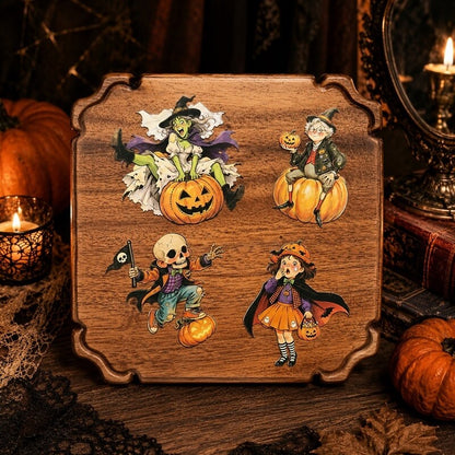 A square wooden decorative board with scalloped edges, featuring four Halloween-themed illustrated figures including a witch on a pumpkin, a trick-or-treating skeleton, and a girl in a witch costume. The board is styled on a rustic table with pumpkins, candles, and dark background elements.
