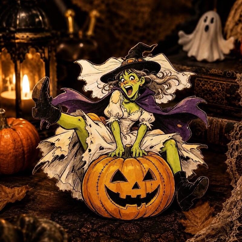 A Halloween decorative cutout of a witch sitting on a jack-o'-lantern pumpkin, styled with candles, books, and a ghost in a dark rustic setting.