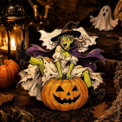 A Halloween decorative cutout of a witch sitting on a jack-o'-lantern pumpkin, styled with candles, books, and a ghost in a dark rustic setting.