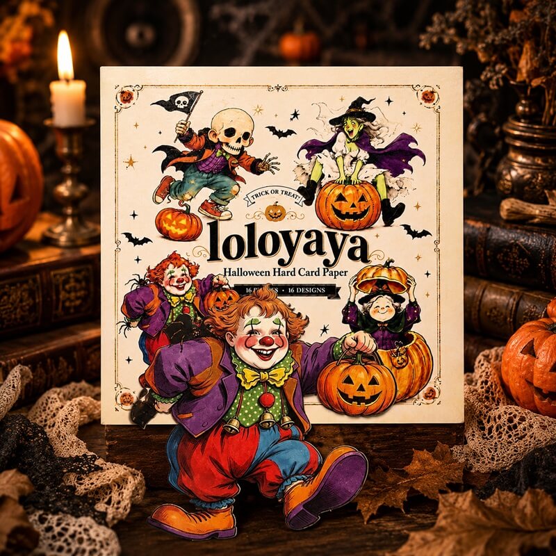 A square Halloween-themed card set titled 'Toloyaya' displayed on a rustic wooden surface surrounded by autumn decor, including a candle, books, dried leaves, and pumpkins. The cover features colorful illustrations of a clown, a witch on a pumpkin, a skeleton, and other seasonal characters.