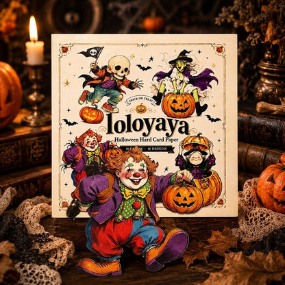 A square Halloween-themed card set titled 'Toloyaya' displayed on a rustic wooden surface surrounded by autumn decor, including a candle, books, dried leaves, and pumpkins. The cover features colorful illustrations of a clown, a witch on a pumpkin, a skeleton, and other seasonal characters.