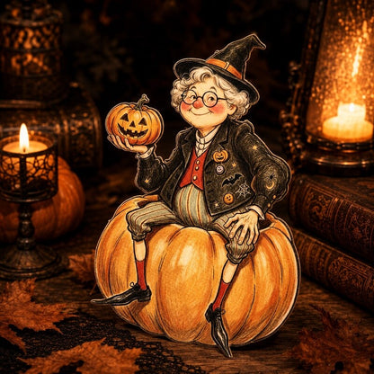A whimsical Halloween illustration of an elderly witch sitting on a large orange pumpkin, holding a carved jack-o'-lantern. The scene is warmly lit by candles, with books and autumn leaves in the background.