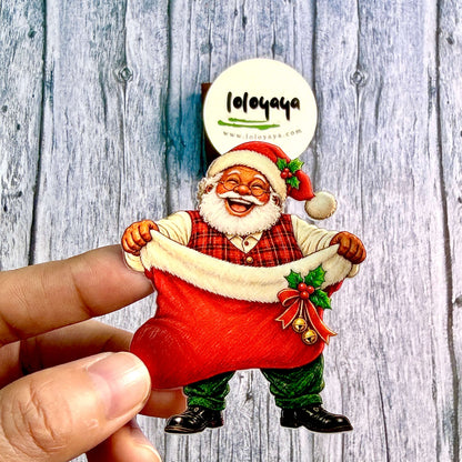 HandholdingasmilingSantaClausstickerwithanoversizedredChristmasstockingdecoratedwithhollyandbells