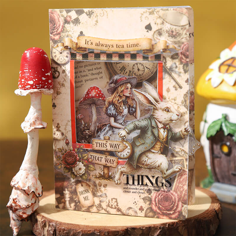 HandmadeAliceinWonderlandcollagefeaturingAlice_theWhiteRabbit_redmushrooms_pocketwatchesanddirectionalsigns