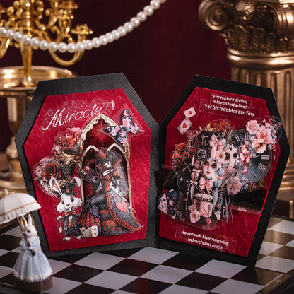 Handmade_gothic_Wonderland_folding_card_decorated_with_queen_and_rabbit_stickers_roses_playing_cards_and_an_ornate_clock