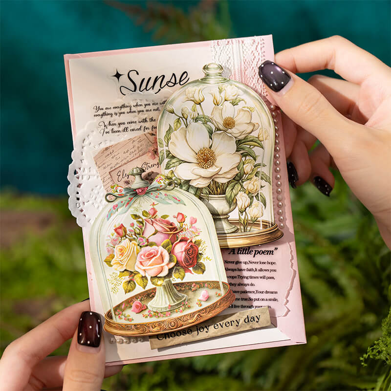 Handmadescrapbookcarddecoratedwithvintagefloralbottleandglassclochestickers