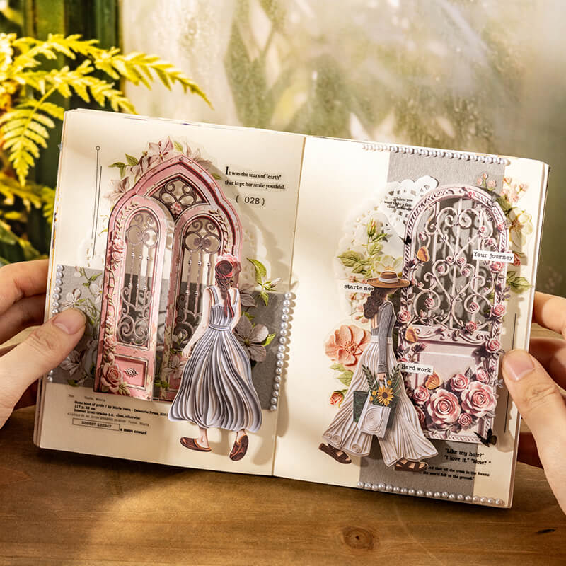 Handmadescrapbookspreaddecoratedwithpinkfloralgardengatecutoutsandvintagewomen