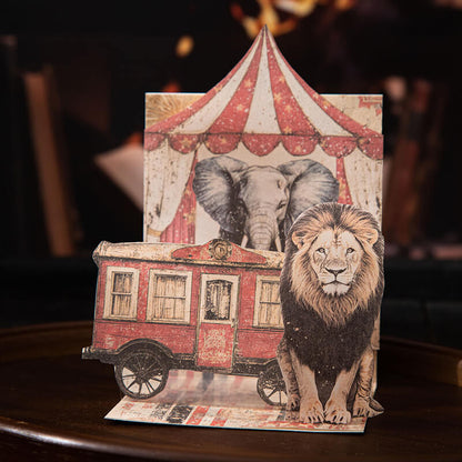 Handmadevintagecircuspaperdisplayfeaturingalion_elephant_redcaravanandstripedbigtoptent