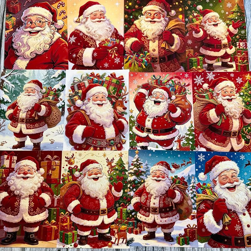 JollySantaClausvintageChristmasscrapbookpaperwithfestivegifts_snowflakesandholidaydecorations