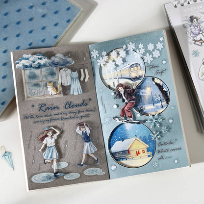 Journalspreaddecoratedwithrainy-daycharacters_snowflakes_atrain_andawintercottage
