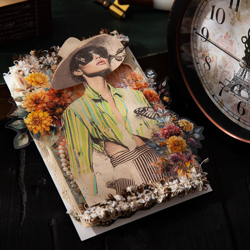 Layeredvintagecollagefeaturingawomaninsunglassesandawide-brimmedhat_surroundedbyorangeflowersandbutterflies