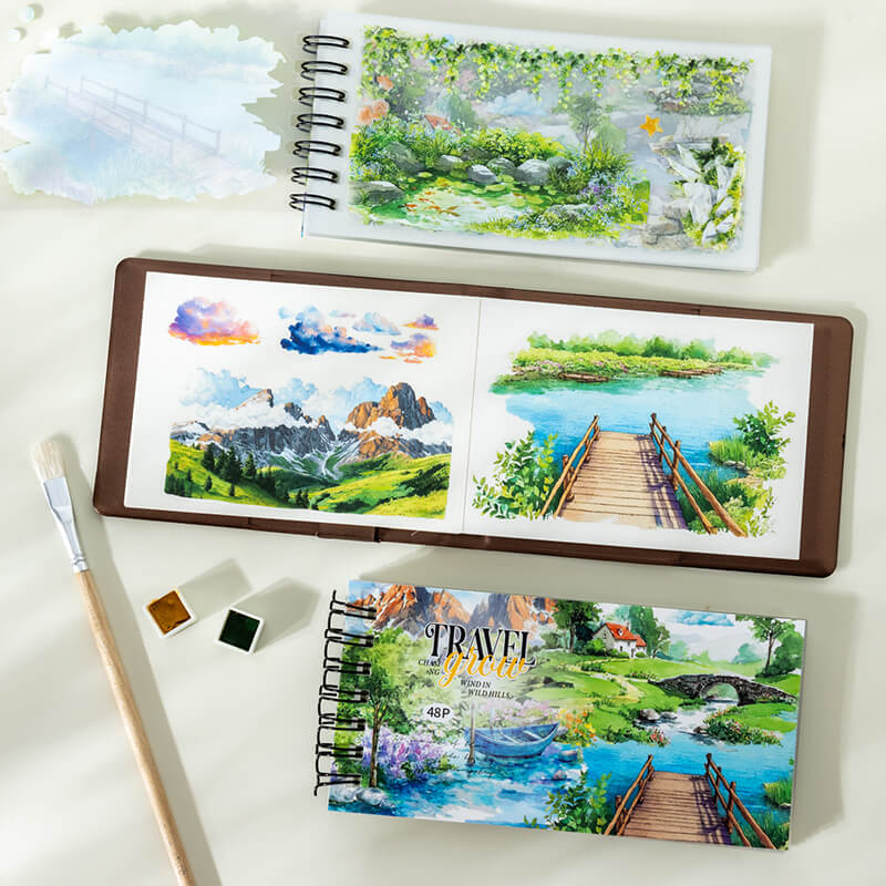 Naturelandscapestickerbookwithmountain_lake_garden_andwoodenbridgedesigns