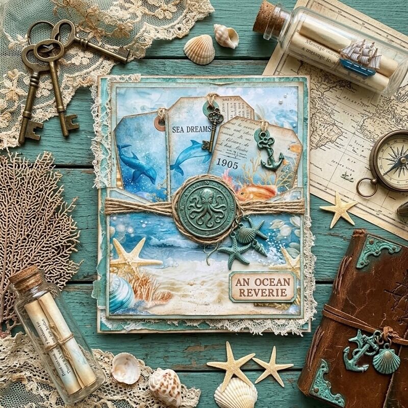 Ocean-themedjunkjournalcoverwithbluedolphintags_seashellandstarfishdesigns_twine_andanoctopusmedallion