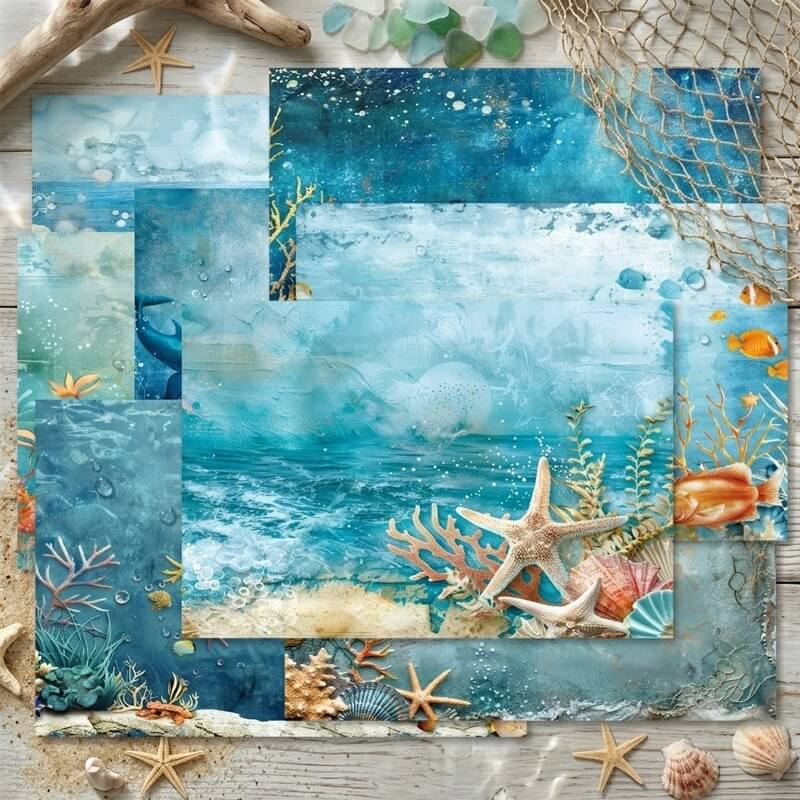 Oceanscrapbookpapersinturquoiseandbluefeaturingdolphins_tropicalfish_coral_starfish_seashells_andsandyseabeds