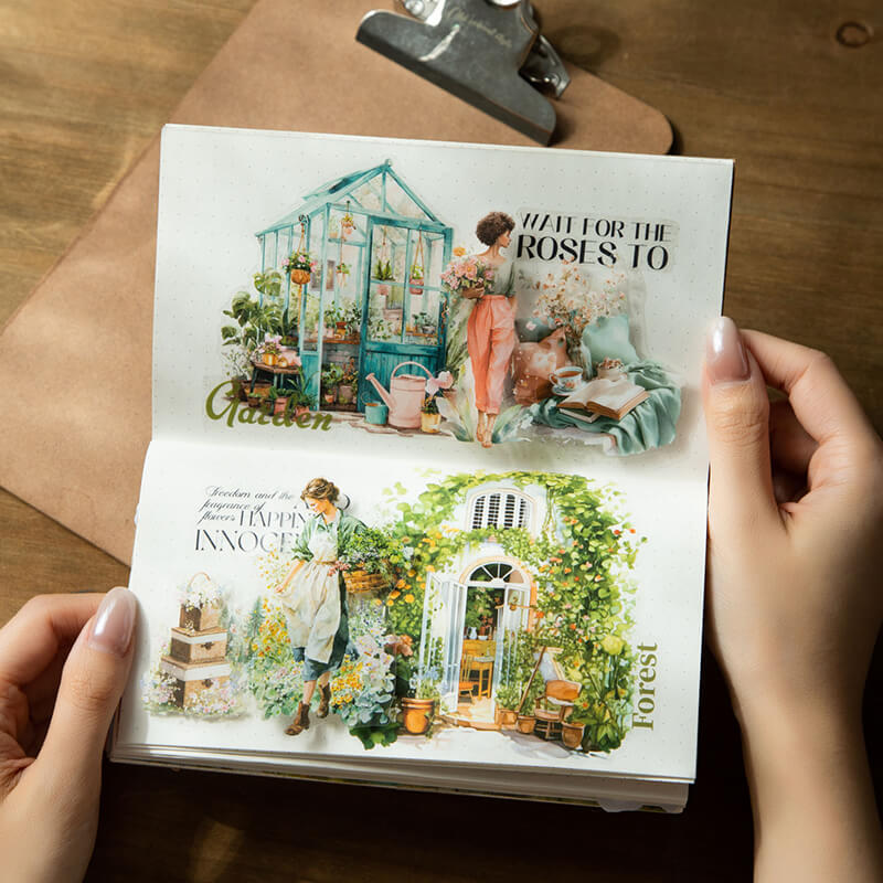 OpenFourSeasonsGardenstickerbookfeaturinggreenhouse_flowers_andvintagegardenscenes