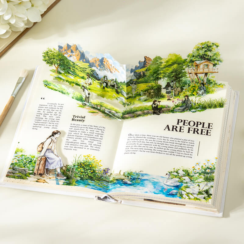 Openjournaldecoratedwithmountainlandscapes_atreehouse_greenery_andaflowingriver