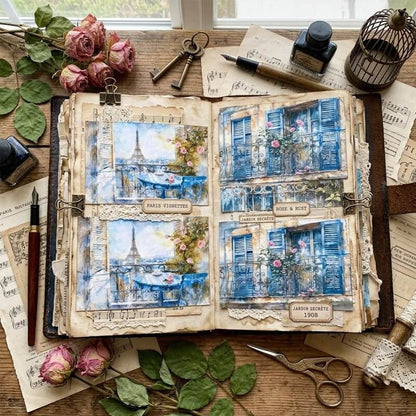 OpenjunkjournalfeaturingParisbalconyscrapbookpaperswithEiffelTowerviews_blueshutters_pinkroses_andlaceaccents