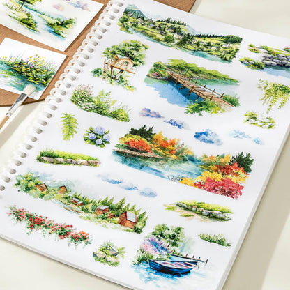 Opennaturestickerbookdisplayingbridges_lakes_trees_cottages_andfloralborders