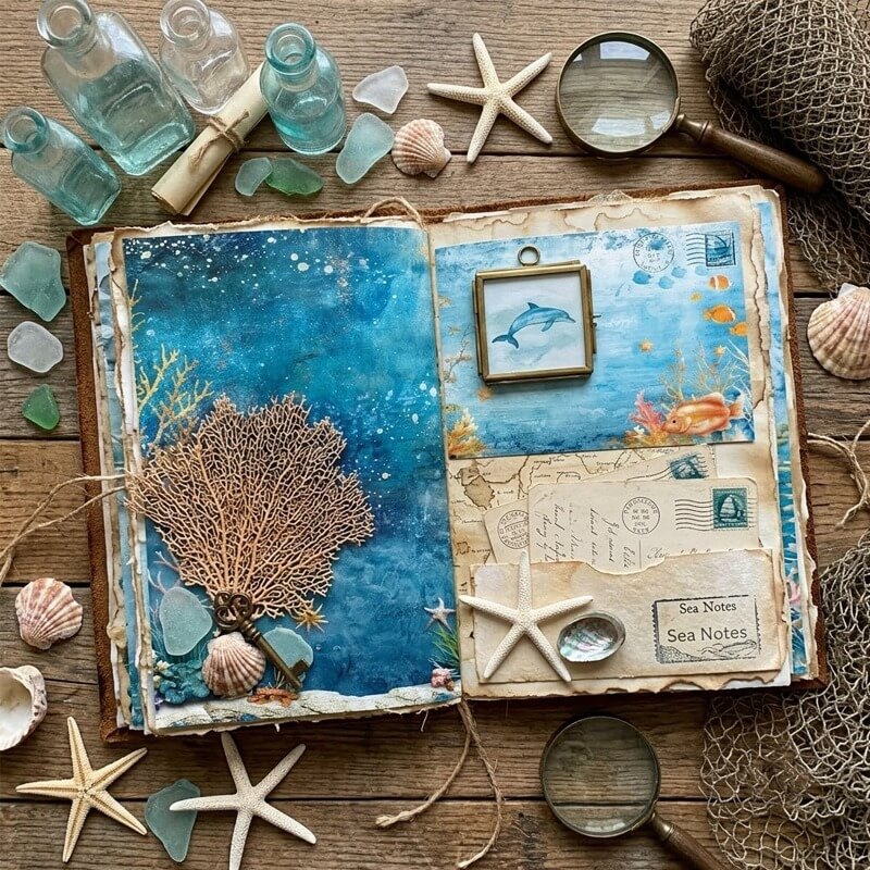 Openoceanjunkjournalfeaturingblueunderwaterpapers_coral_aframeddolphin_vintagepostcards_andseashellembellishments