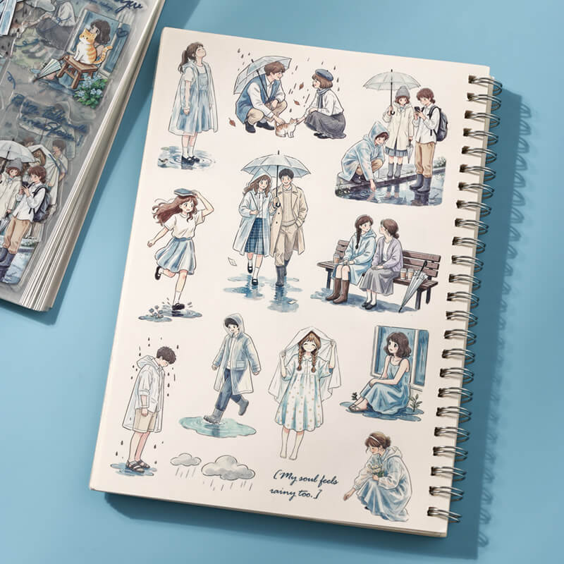 Openstickerbookdisplayingrainy-daycharacterswalking_sitting_andsharingumbrellas