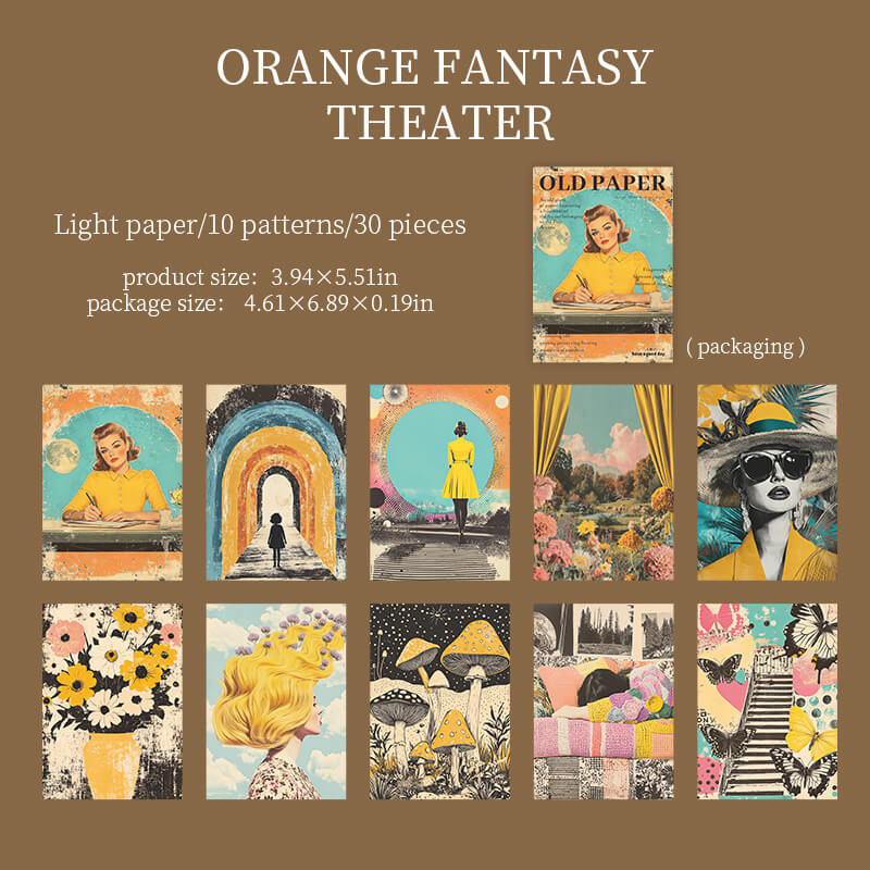 OrangeFantasycollagepaperwithretrowomen_surrealarchways_yellowmushrooms_andfloraldesignsinorangeandteal