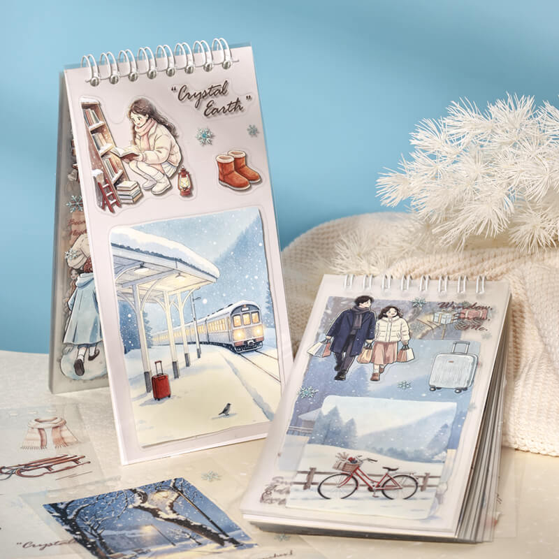 PETstickerbooksfeaturingasnowytrainstation_winteroutfits_andabicycle