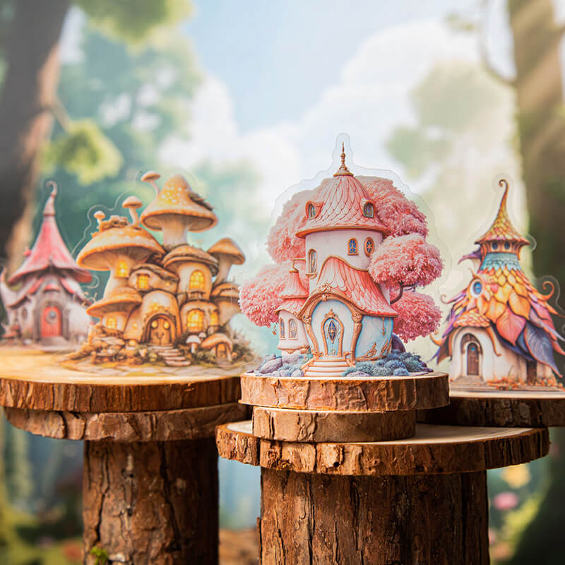 PastelfairyhousePETstickersfeaturingapinkcastle_goldenmushroomcottagesandcolorfulpointedroofs