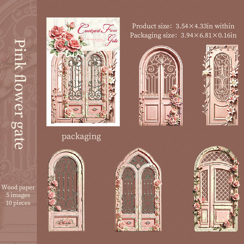 Pinkfloralgardengatepaperstickerswithvintagerose-covereddoors