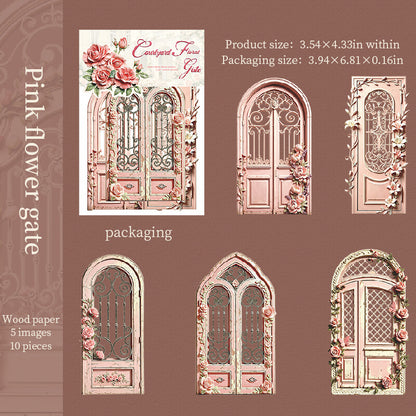 Pinkfloralgardengatepaperstickerswithvintagerose-covereddoors