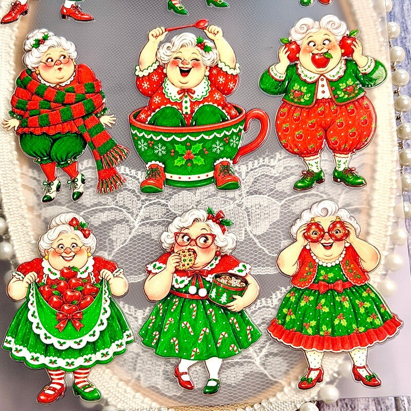 PlayfulChristmasgrandmastickerswithastripedscarf_oversizedteacup_redapples_cookiesandornaments