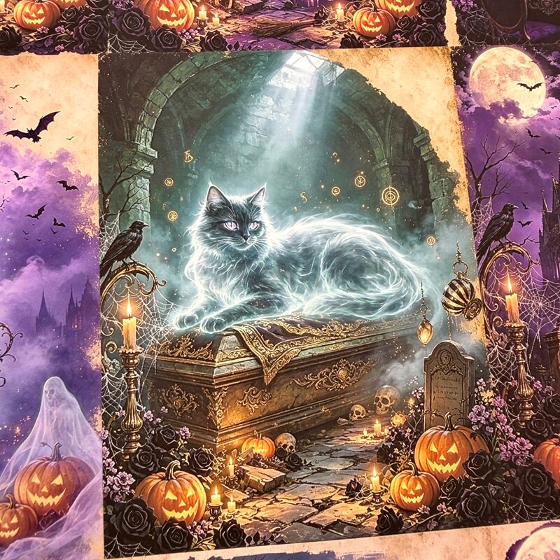 Halloween-themed fantasy artwork featuring a glowing white cat resting on an ornate golden coffin in a dark gothic stone chamber, surrounded by pumpkins, candles, skulls, crows, bats, and a full moon. The central scene is framed by parchment-like borders with additional spooky illustrations.