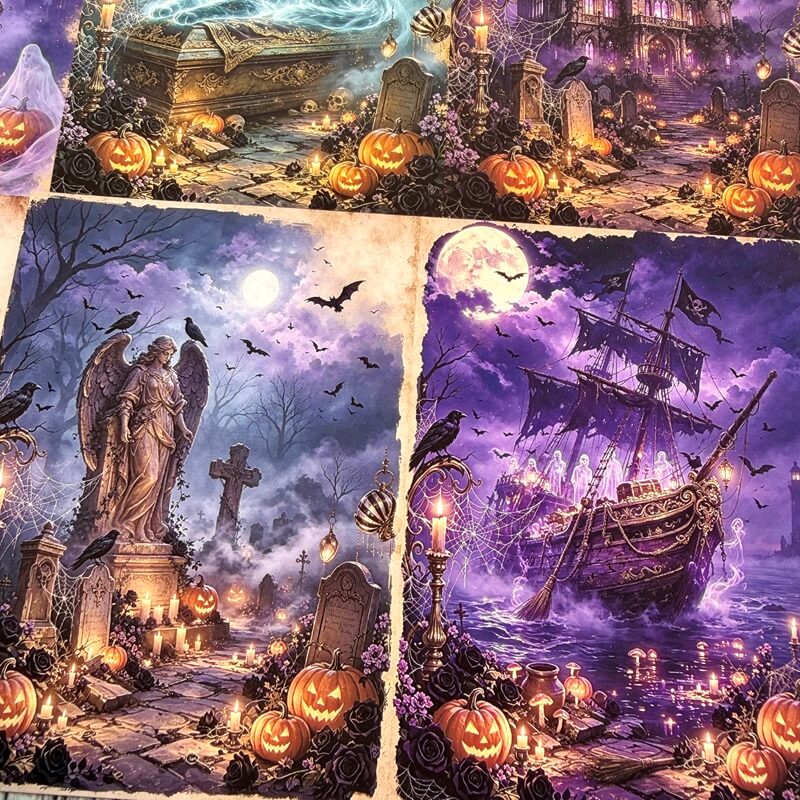 A close-up of a Halloween-themed printed surface, likely fabric or wallpaper, featuring three illustrated panels: a top panel with a glowing coffin and tombstones, a middle-left panel with a winged statue and cross in a graveyard, and a middle-right panel with a pirate ship under a full moon.