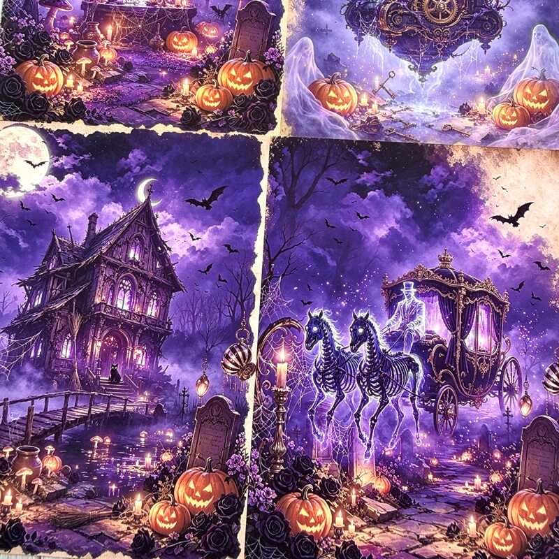 A collage of four Halloween-themed fantasy scenes: a haunted house at night with glowing pumpkins and bats, a ghostly carriage with skeleton horses, and a graveyard under a full moon. The artwork uses strong purple, black, orange, and white tones with spooky details.